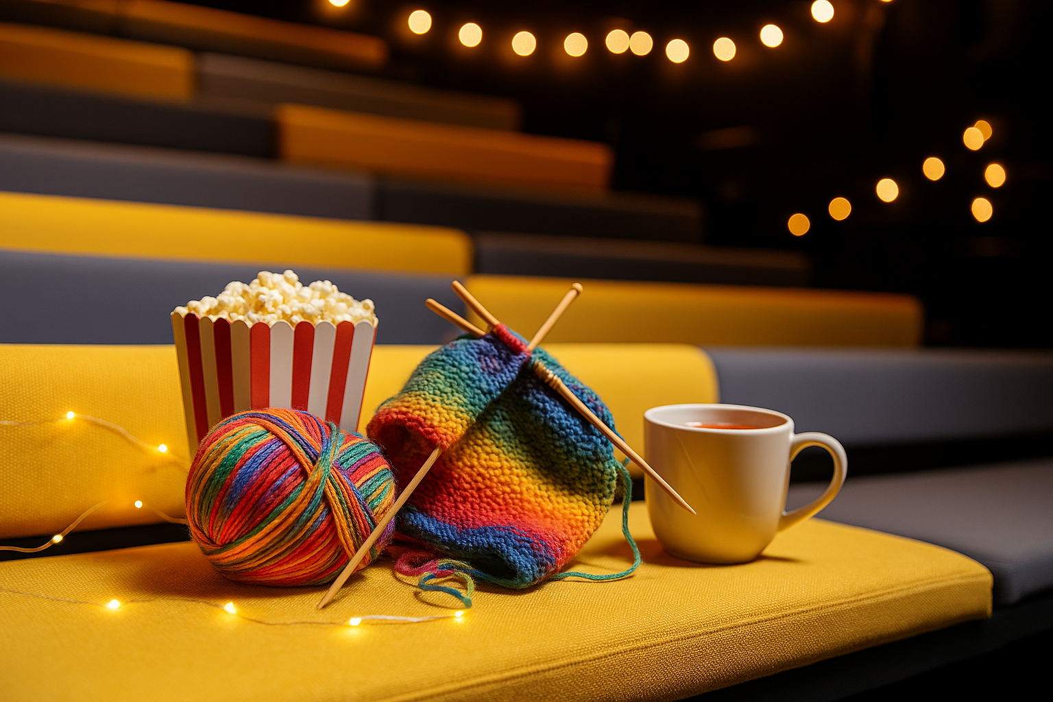 En biografgradäng med popcornbägare, stickor och en kopp te