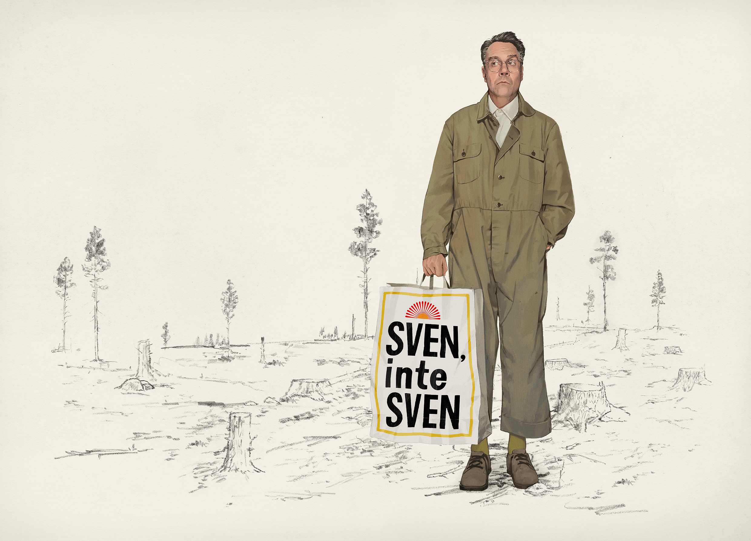 Sven Björklund på ett kalhygge iförd en arbetsoverall. I handen håller han en kasse som det står Sven, inte Sven på.