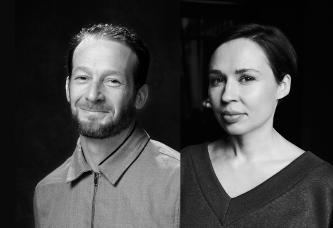 Foto: Stefan Tell och Olga Zakrevska Porträtt av en skäggig man i 40-årsåldern i skjorta och en kvinna i 30–40-årsåldern med kort mörkt hår i topp.