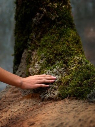 En hand känner på en skulptur som ser ut att vara gjord av gräs och mossa. 