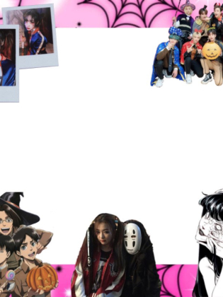 Collage med Halloween-tema på rosa bakgrund med spindelnät, animefigurer och personer i kostym runt en vit ruta.