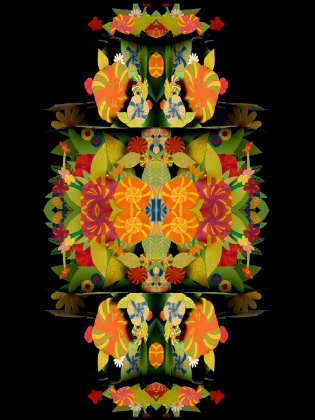 Symmetrisk design med färgglada blommor och blad i papper, i orange, rött, grönt och blått på svart bakgrund.