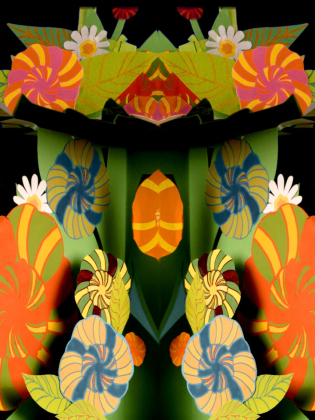 Symmetrisk design med färgglada blommor och blad i papper, i orange, rött, grönt och blått på svart bakgrund.