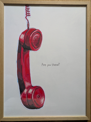 Inramad tavla av en röd telefon med sladd och text "Are you there?"