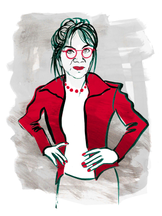 En illustration av Iwa Bomn med röd kavaj