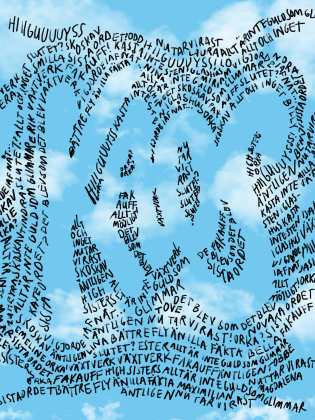 Illustration av blå himmel med moln och handskriven svart text som bildar abstrakta former i bilden.