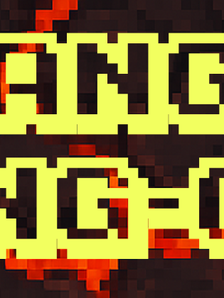Pixlad grafik med texten ”Manga Hang-out” i gul retrostil mot en bakgrund som liknar glödande lava. På båda sidor om texten finns små pixelillustrationer av eldflammor.
