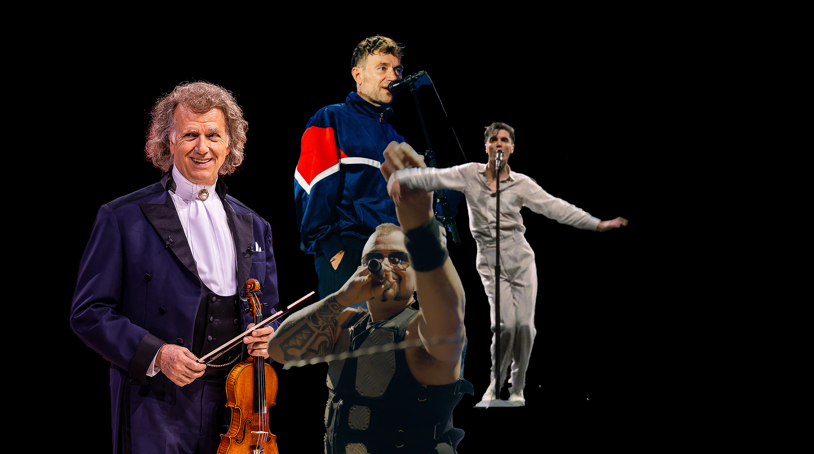 Ett kollage av olika kända musikartister.