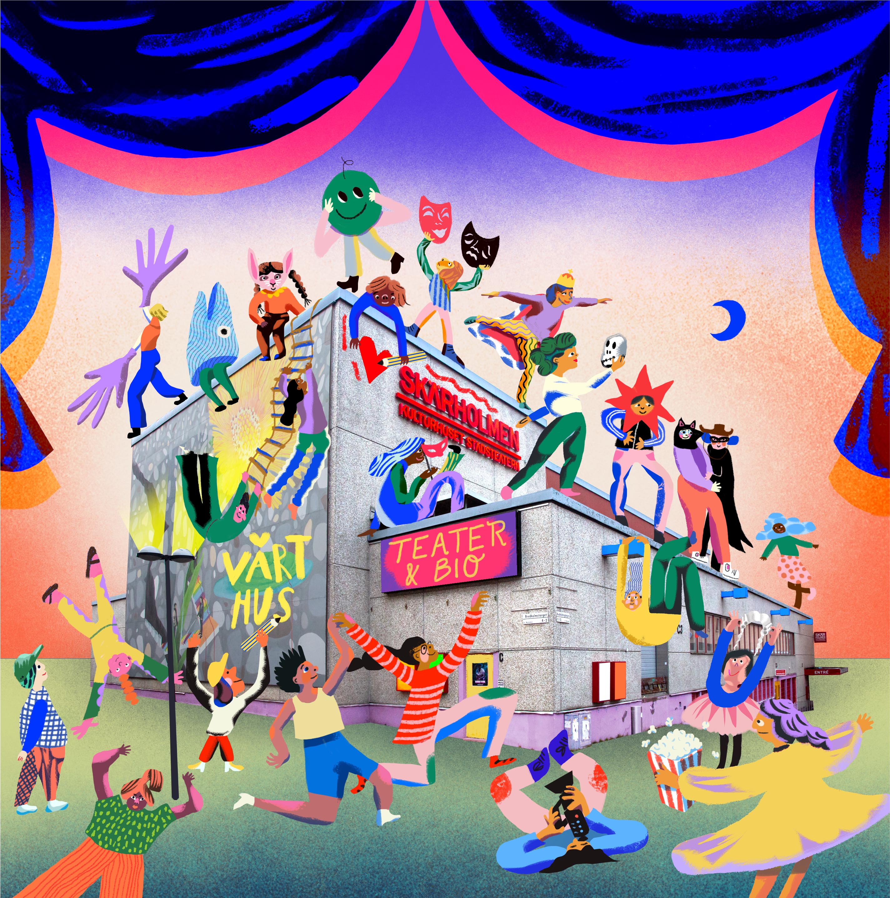 Ett stort grått hus med massor av illustrerade barn på och kring huset. 