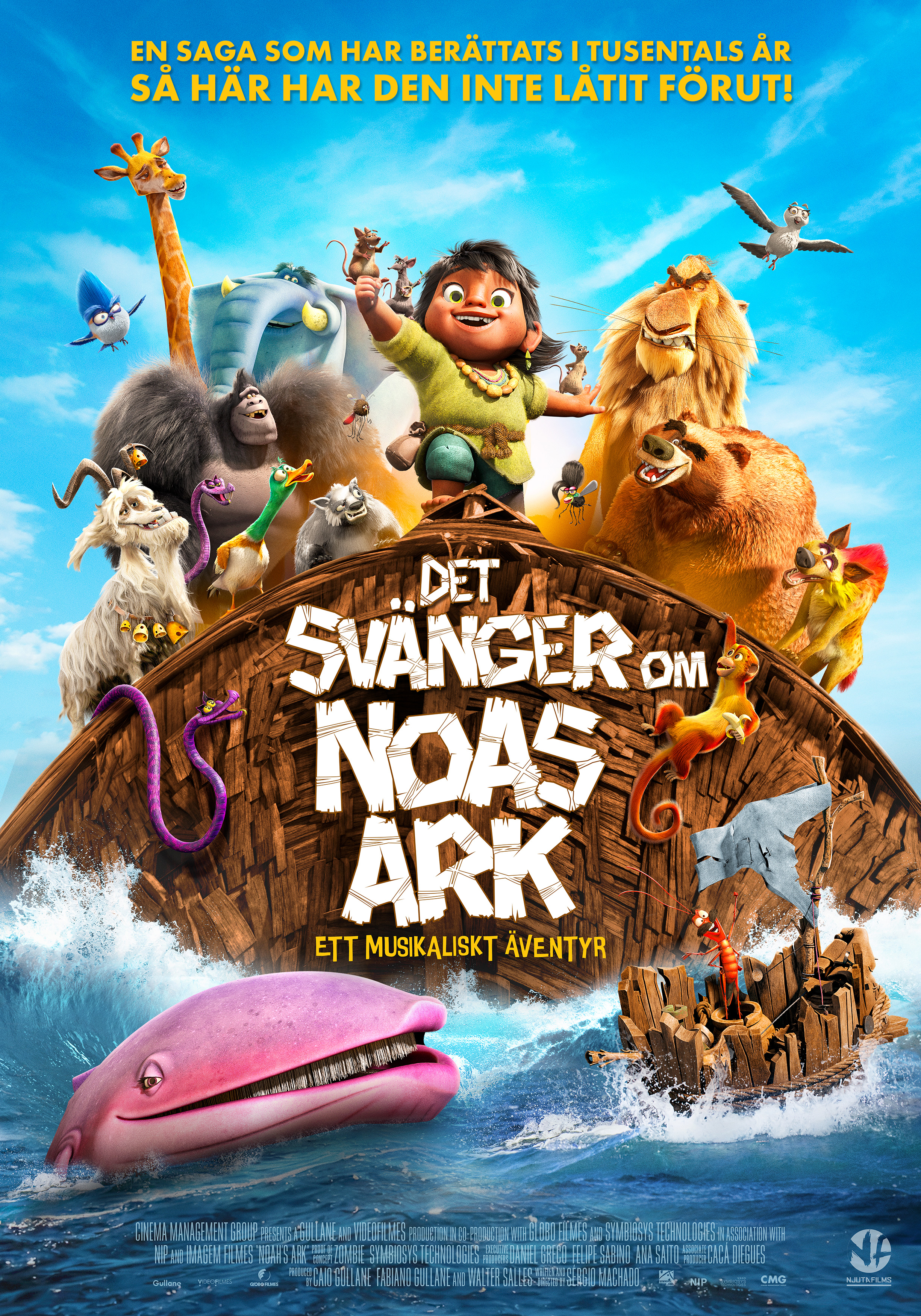Filmaffisch för Det svänger om Noas ark. En tecknad flicka står leende på ett stort träfartyg omgivet av färgglada djur, däribland lejon, elefant, giraff och fåglar. Under fartyget syns en rosa val i havet. Texten beskriver filmen som ett musikaliskt äventyr.