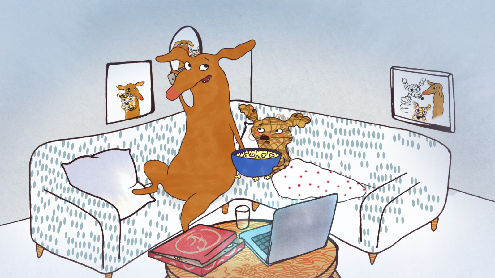 Foto: Folkets Bio Animation av två sagofigurer som ser på film i en soffa.