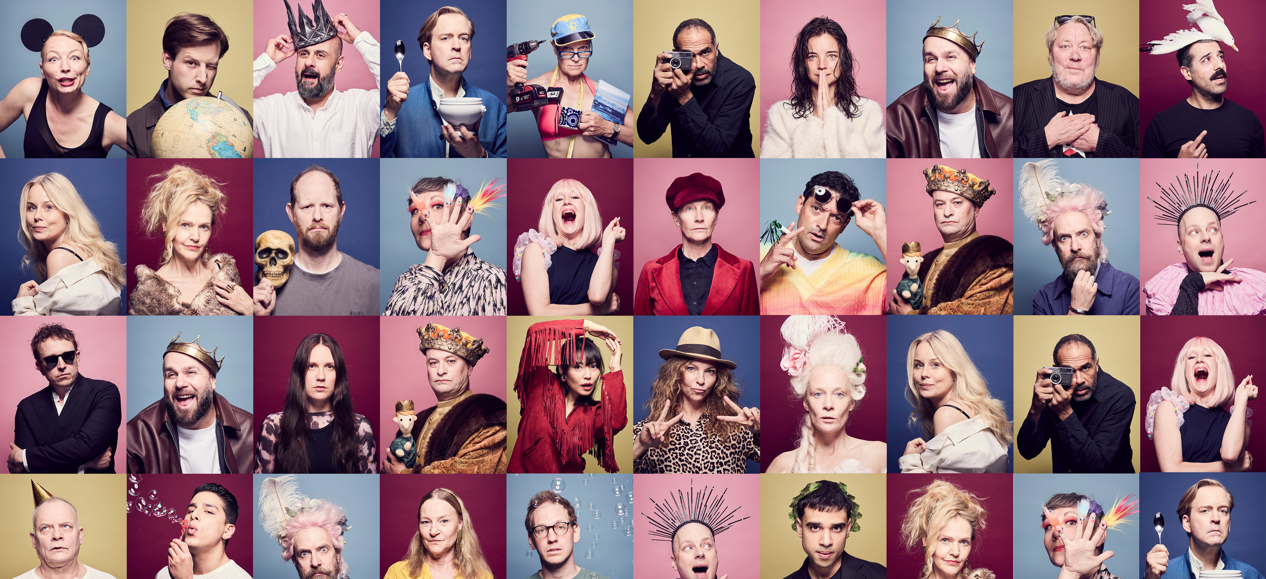 Montage med 35 porträtt av vuxna personer i olika poser och utklädnader mot färgade bakgrunder.