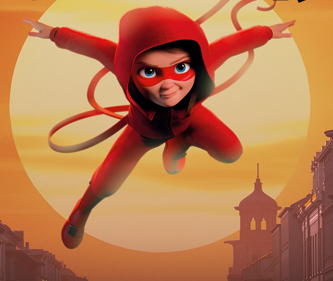 Animation med en flicka klädd i superhjältedräkt.