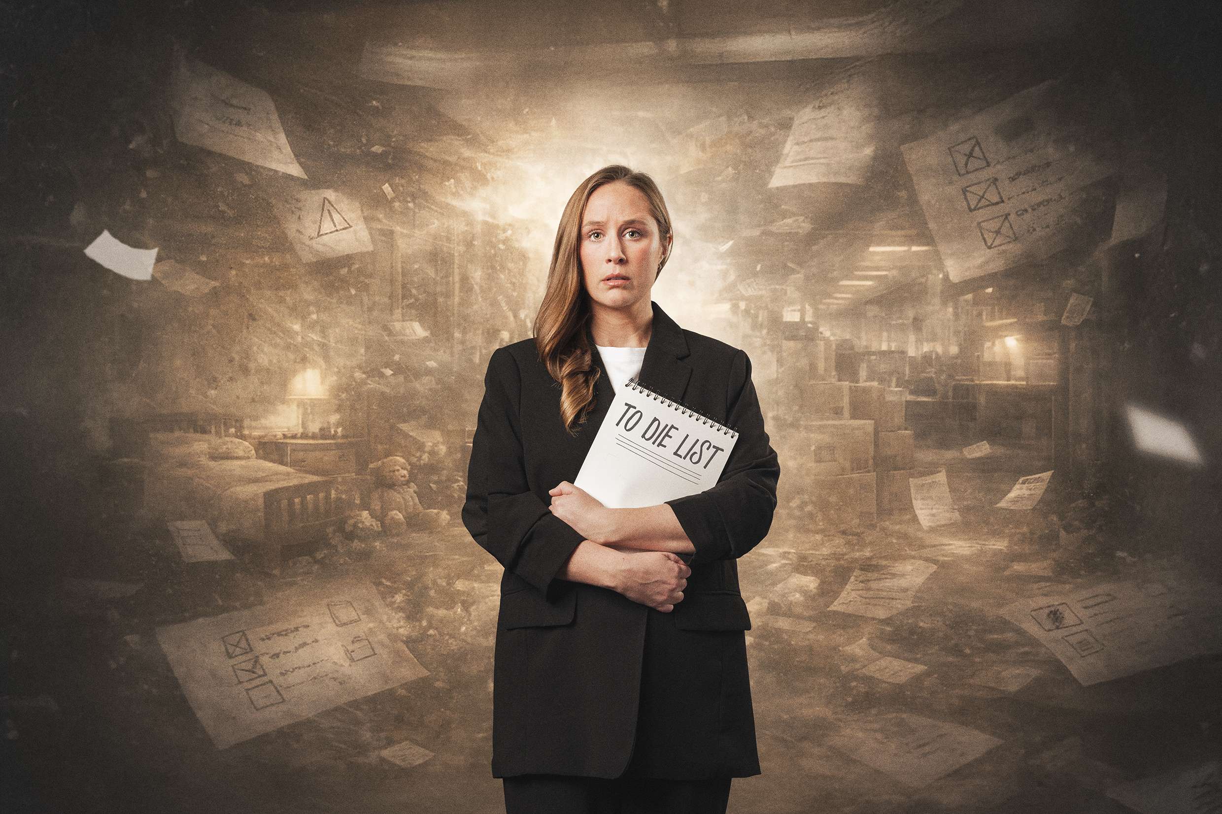 Kvinna i 30-årsåldern med långt blont hår håller ett block med texten "TO DIE LIST" i en surrealistisk kontorsmiljö.