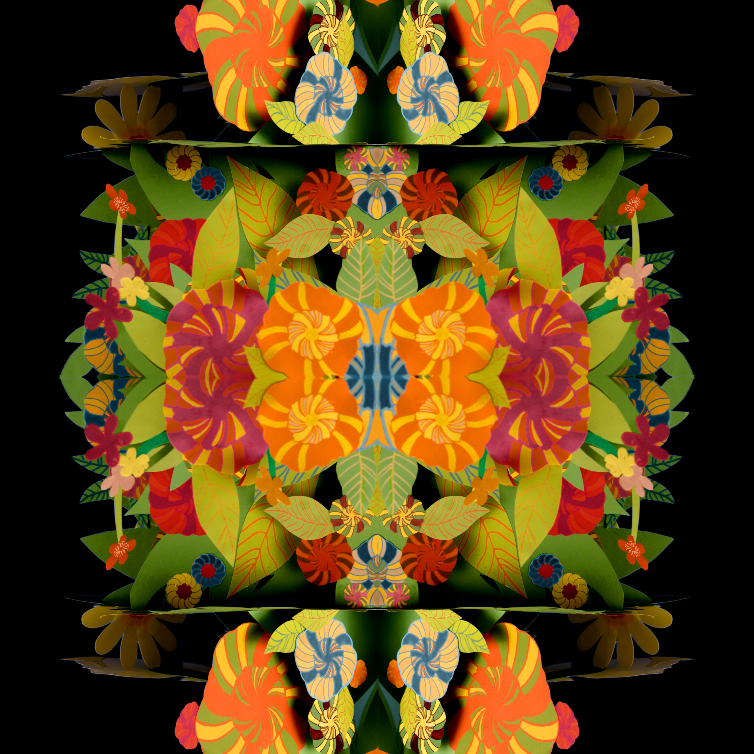 Symmetrisk design med färgglada blommor och blad i papper, i orange, rött, grönt och blått på svart bakgrund.