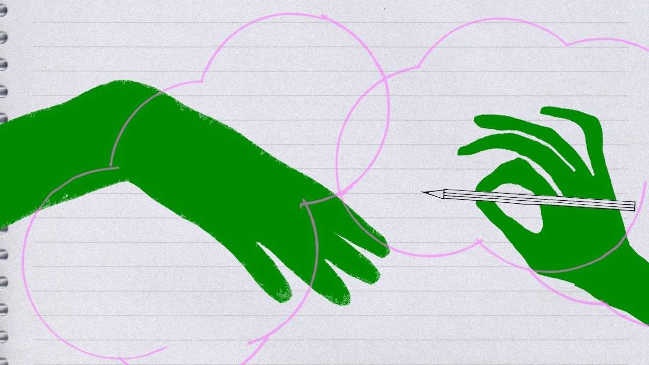 Illustration av två gröna händer, en sträckt och en hållande en penna, mot bakgrund med linjer och rosa cirklar.