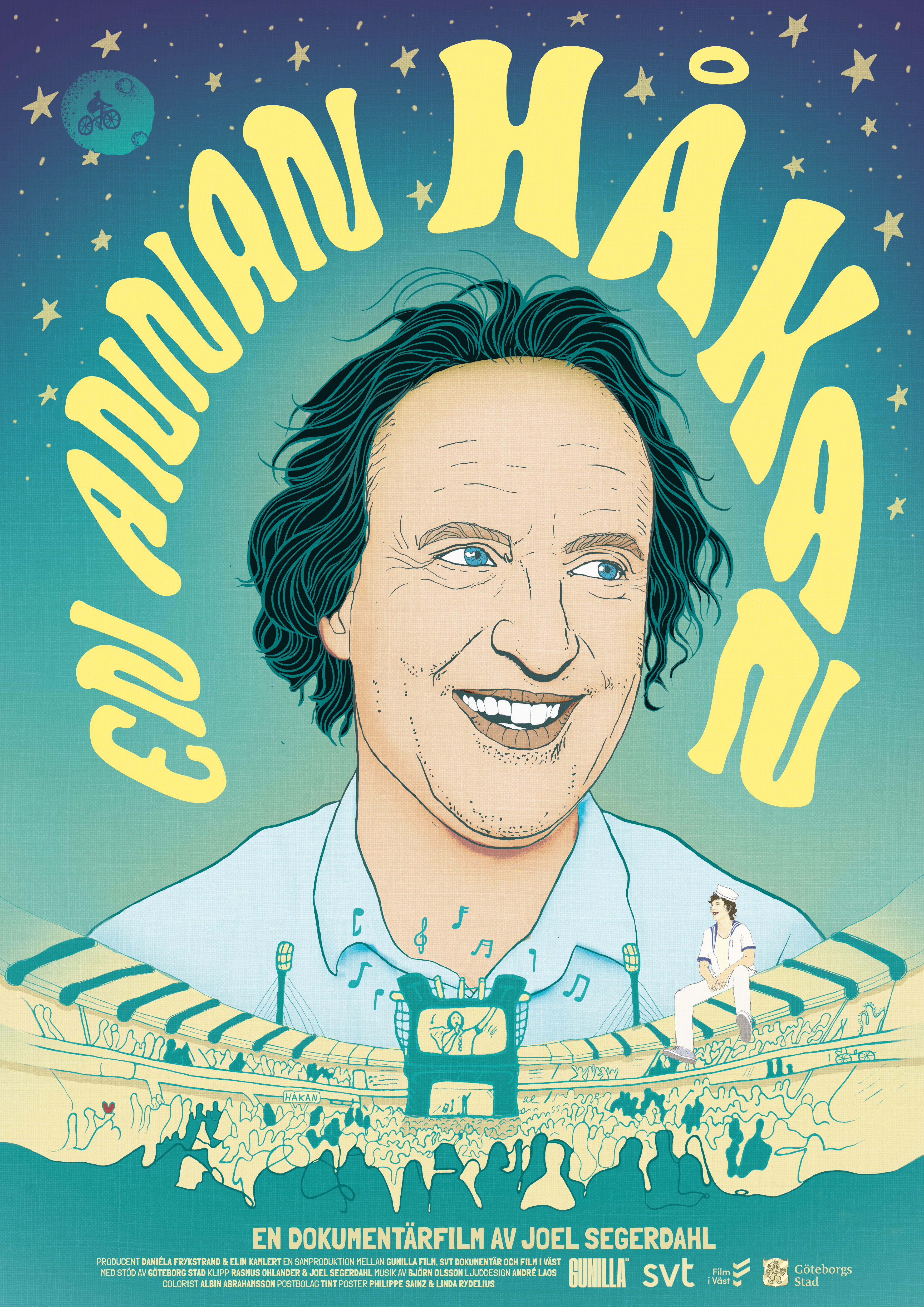 Tecknat porträtt av en skrattande man.