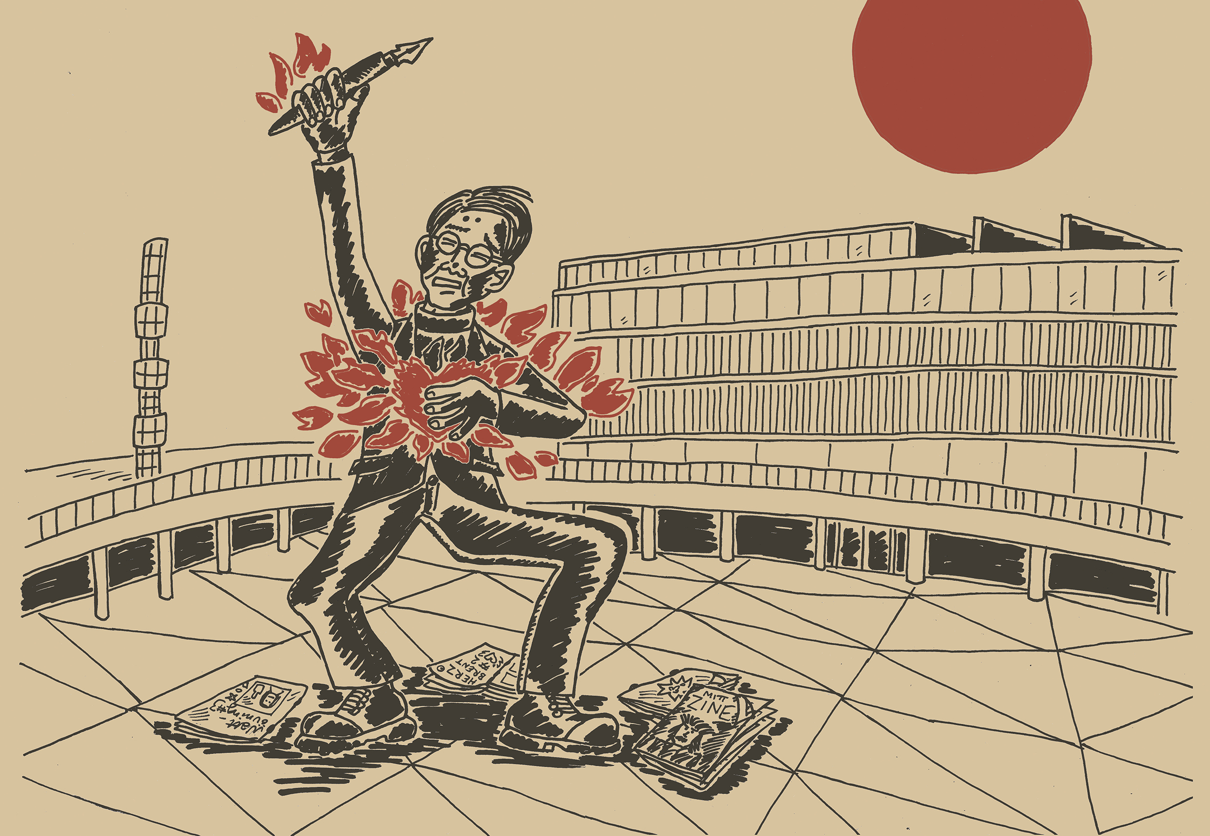 Illustration av en person med penna höjd i handen framför Kulturhuset; röda former kring kroppen och stor röd sol i bakgrunden.