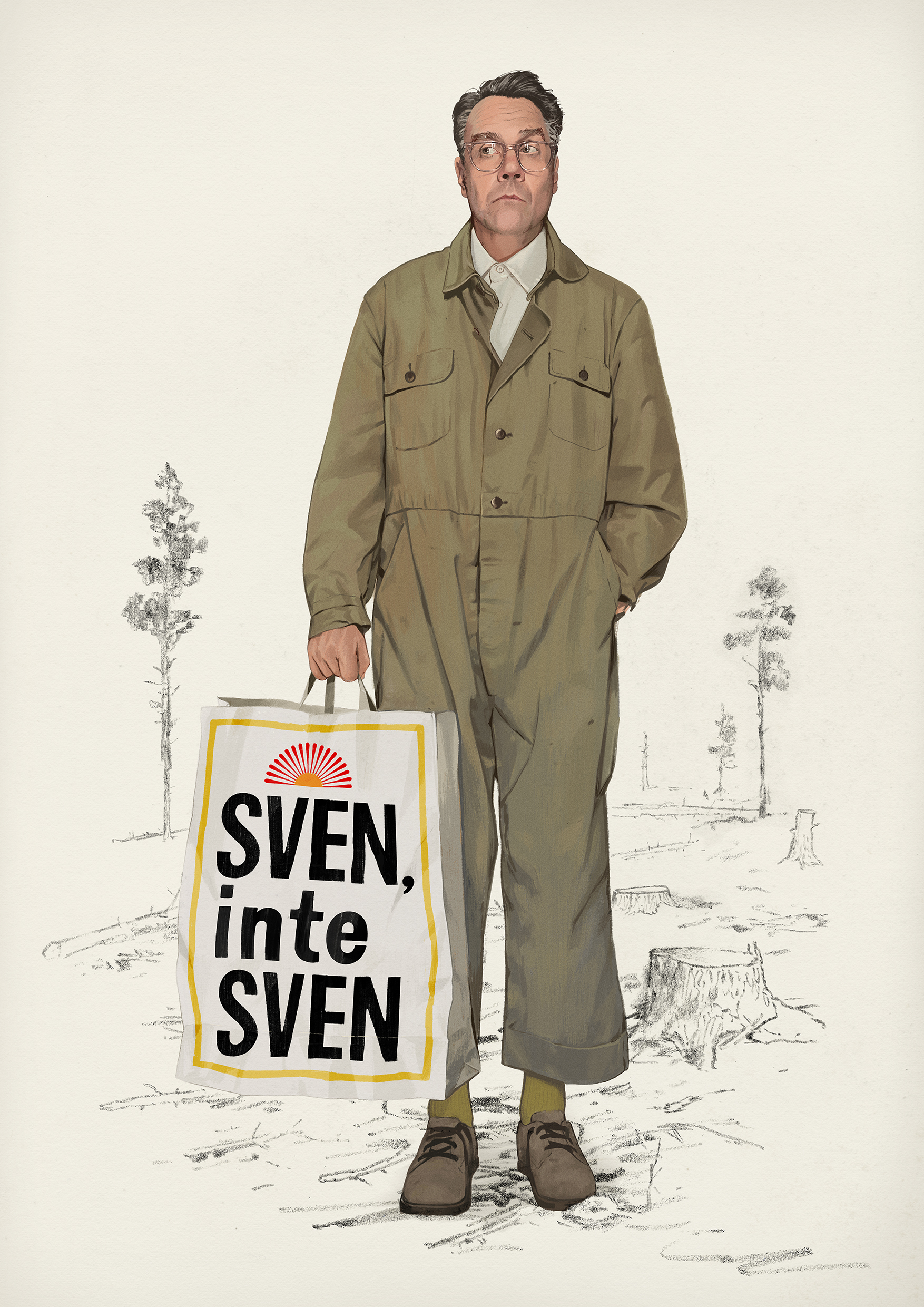 Sven Björklund på ett kalhygge iförd en arbetsoverall. I handen håller han en kasse som det står Sven, inte Sven på.