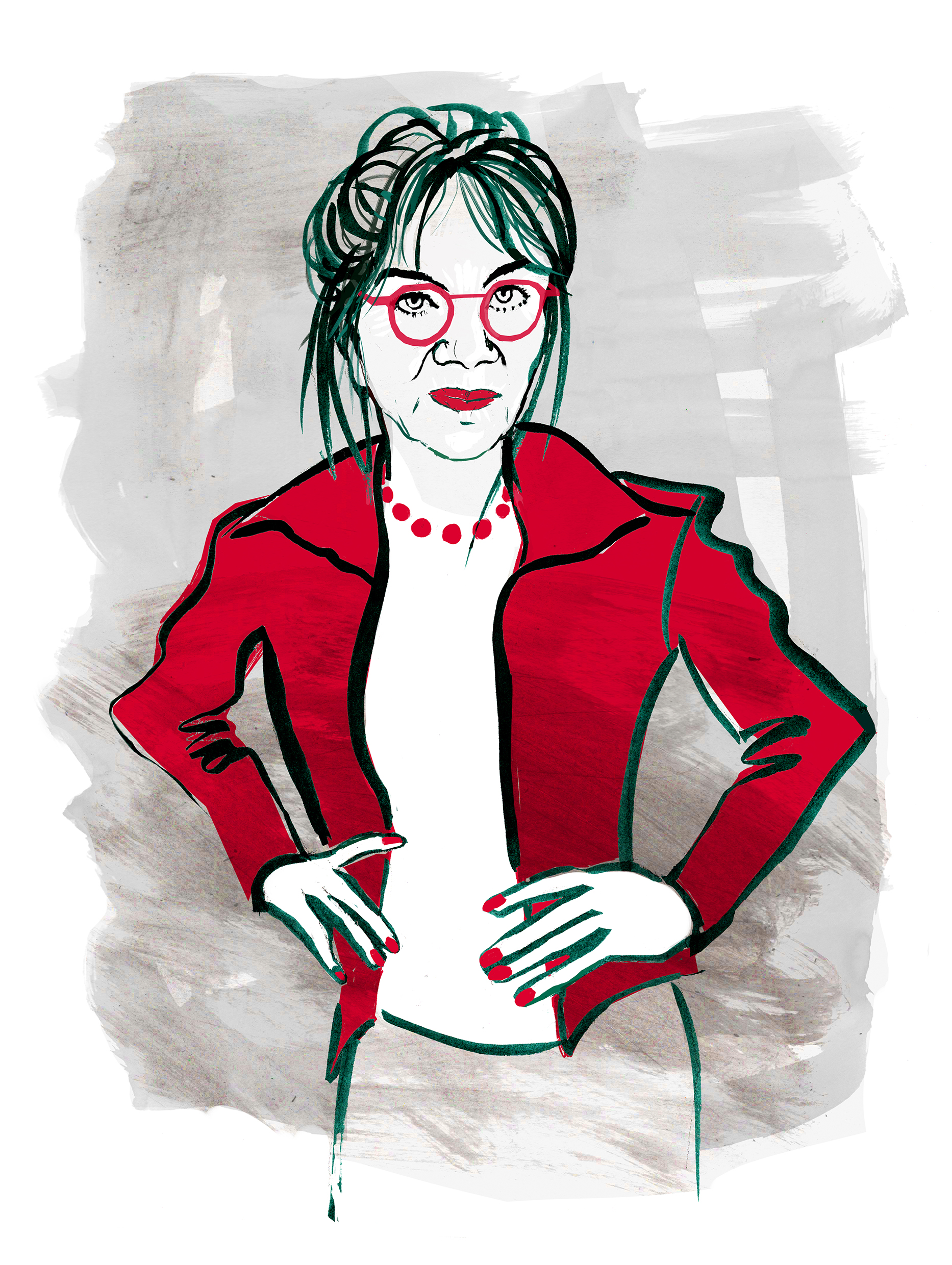 En illustration av Iwa Bomn med röd kavaj