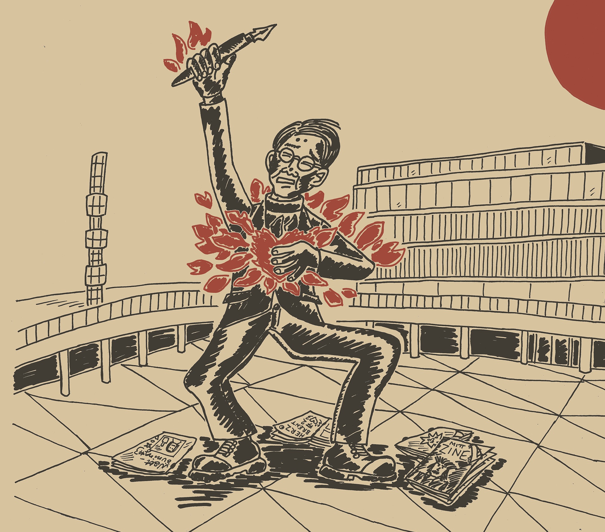 Illustration av en person med penna höjd i handen framför Kulturhuset; röda former kring kroppen och stor röd sol i bakgrunden.