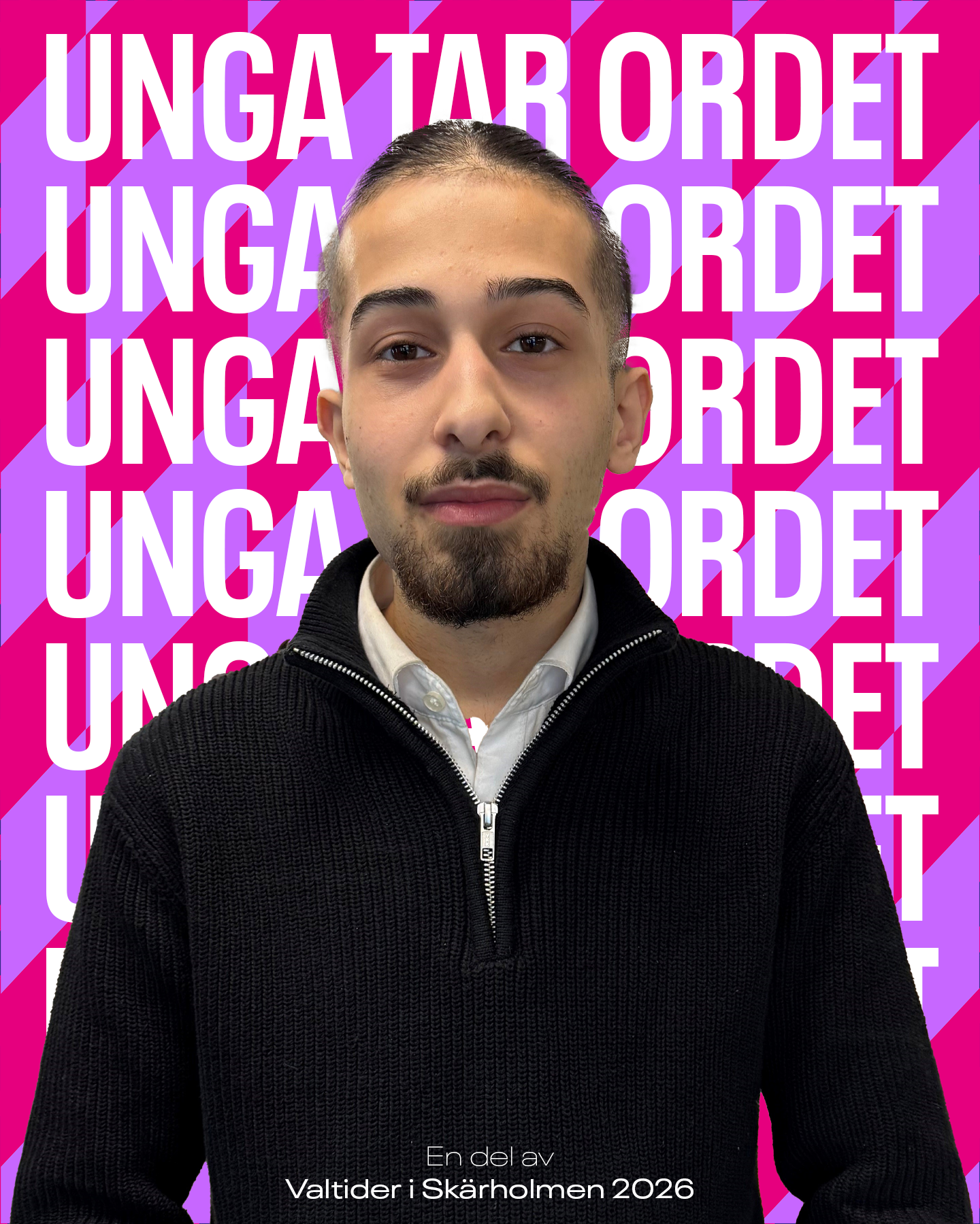 Porträtt av medlem på Stationen mot en "Unga tar ordet" bakgrund