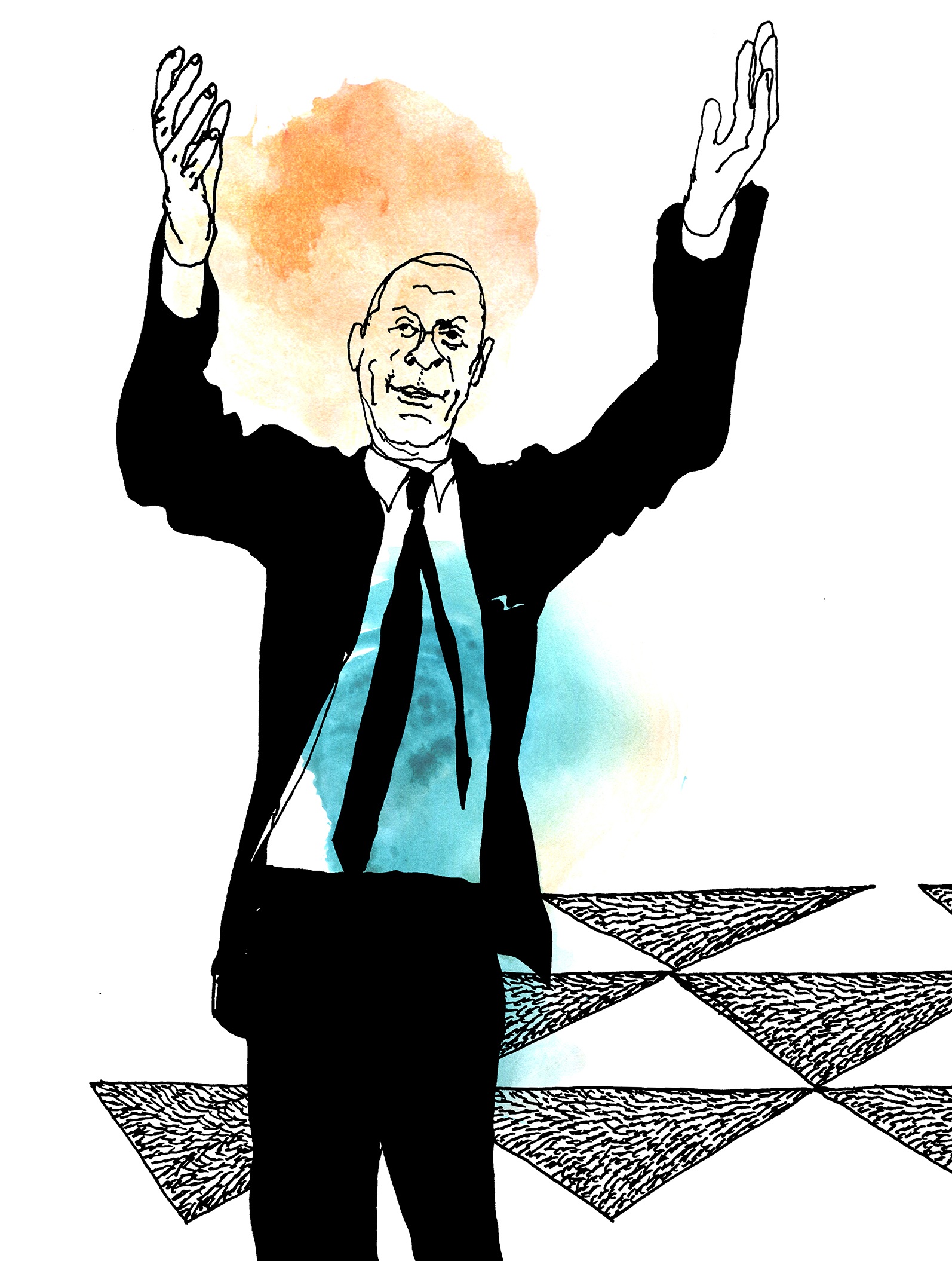 Illustration föreställande Benny Fredriksson med Sergels torgs rutmönster bakom sig.
