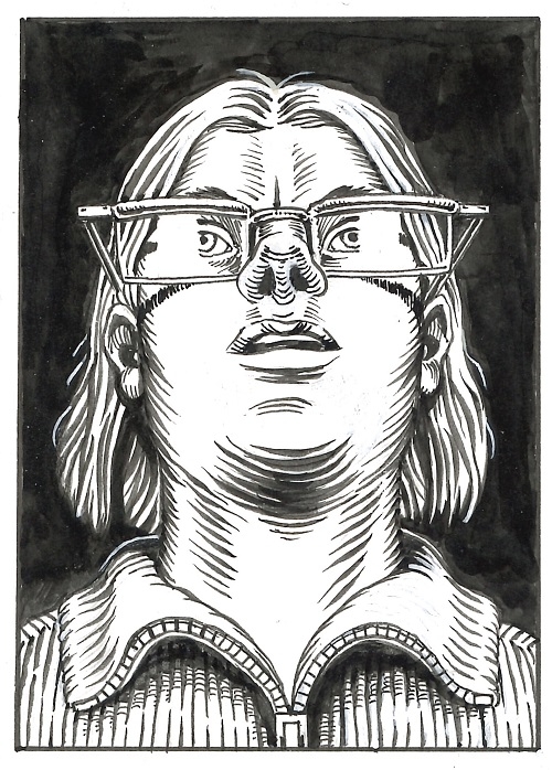 Ett illustrerat porträtt av en person med glasögon och axellångt hår. 