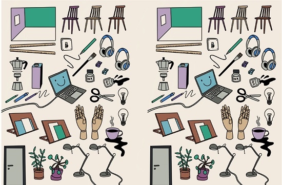 En samling illustrationer av datorer, stolar, skrivbordslampor, hörlurar, kaffekoppar med mera. 