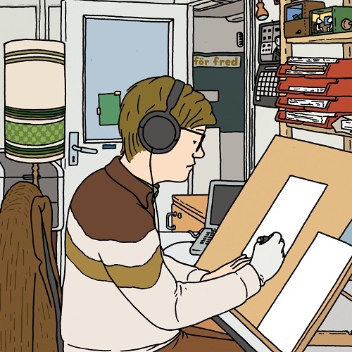 En illustration av en koncentrerad serietecknare vid sitt arbetsbord. 