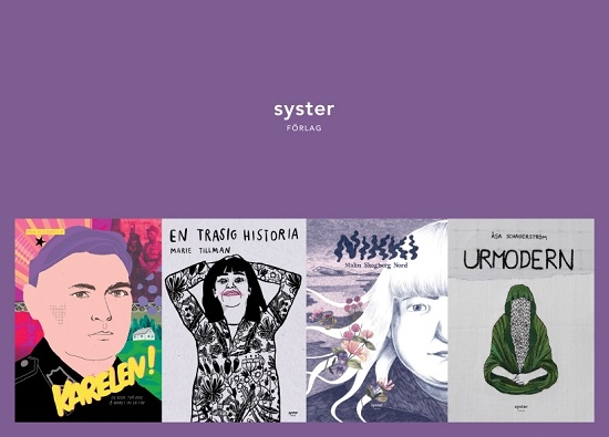 Omslag till fyra seriealbum från Syster förlag. 
