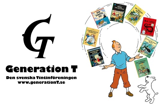Karaktären Tintin omgiven av olika Tintin-album. 