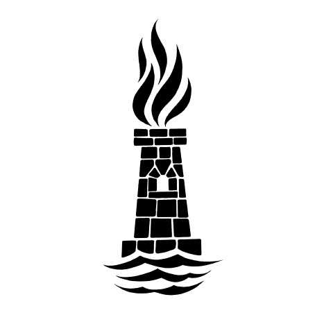 En illustration av vågor, ett torn och en eld upptill. 