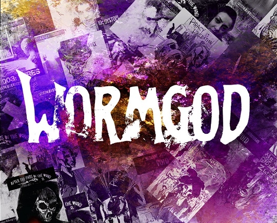 I bakgrunden flera olika seriealbum, på det texten Wormgod. 