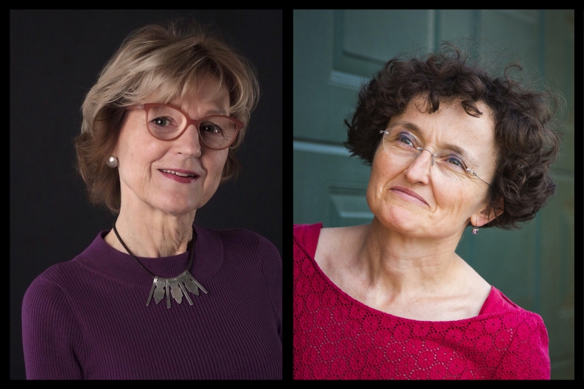 Porträfftoto på vinnarna av Kulturhuset Stadsteaterns internationella litteraturpris 2021: Marie-Hélène Lafon och Anna Säflund-Orstadius. 