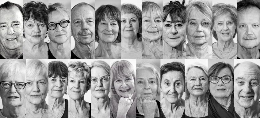 Ett kollage av porträttbilder på äldre människor