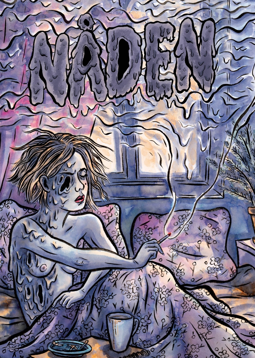 Illustration av en kvinna som sitter i en säng och röker. 