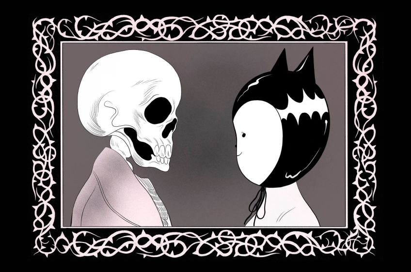 Illustration där en dödskalle och en person tittar på varandra. 