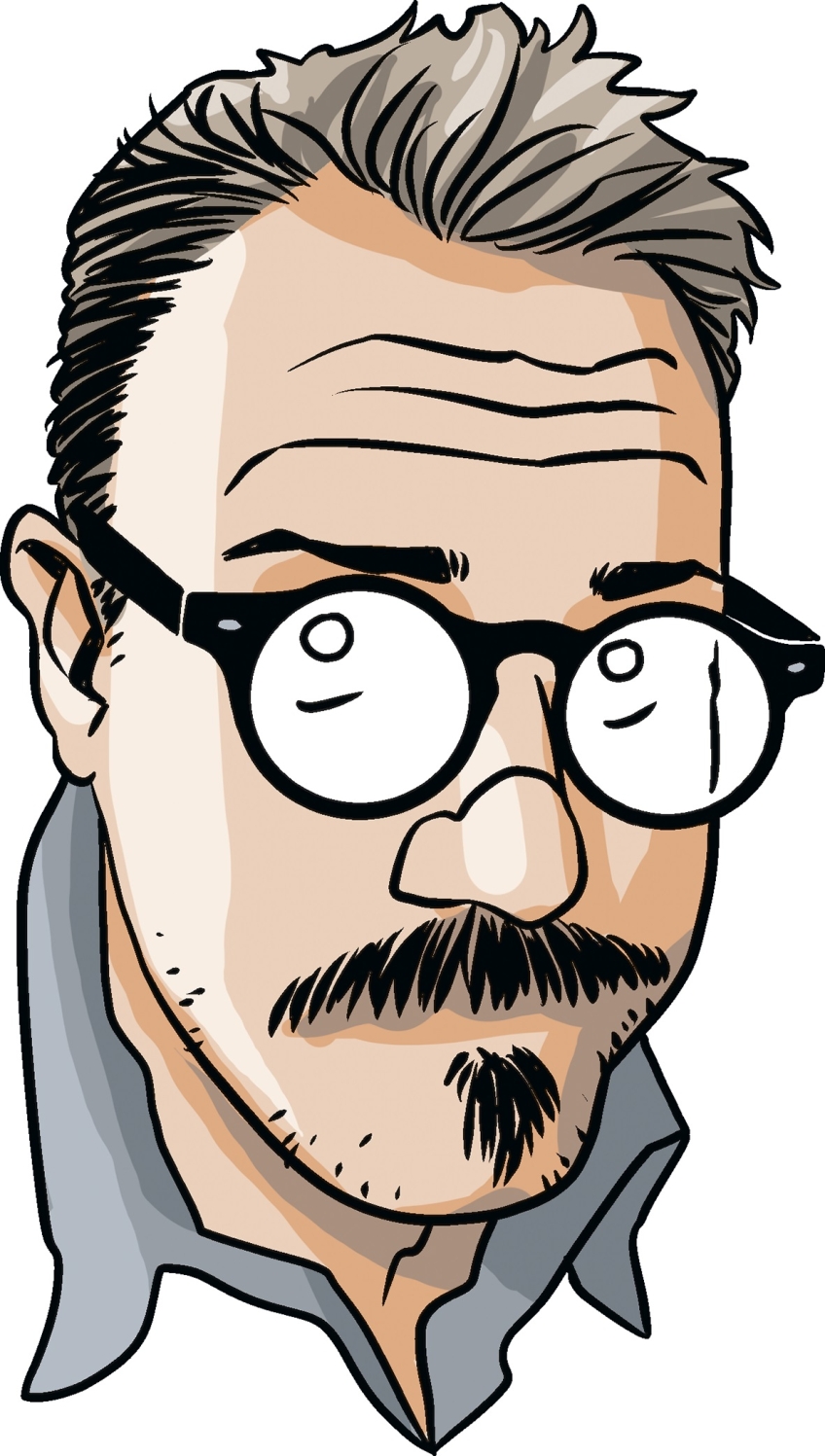 Ett illustrerat självporträtt av illustratören Ola Skogäng. 