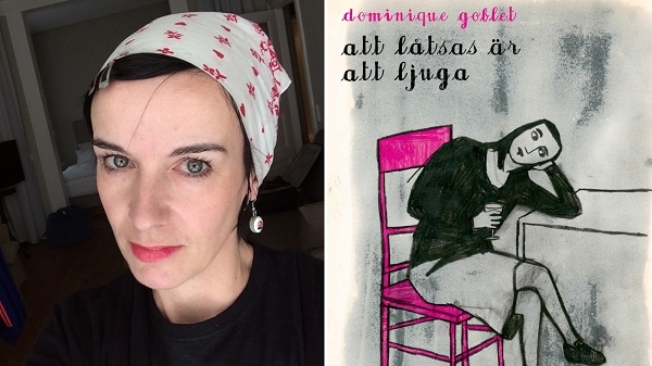 Foto på serieskaparen Dominique Goblet och en illustration av en kvinna som sitter ner på en stol.