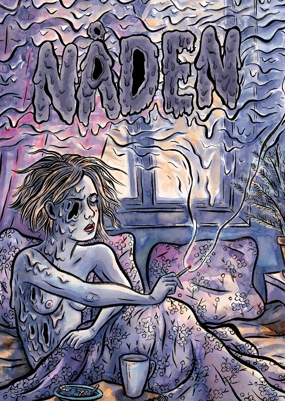 Illustration av en kvinna som sitter i en säng och röker. 
