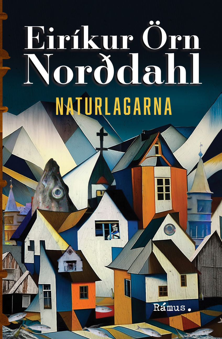 Måleriskt omslag med färgstarka hus, kyrktorn och kors, i collageartad komposition.