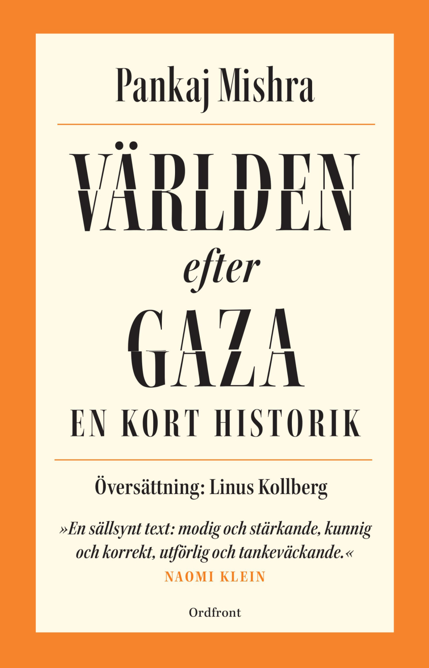 Textbaserat omslag i orange och beige med svart rubriktext och citat från Naomi Klein.