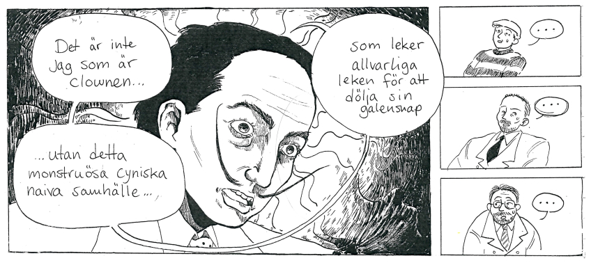 Serie med fyra rutor: en man med smal mustasch talar dramatiskt; tre andra män reagerar tyst i små rutor bredvid.