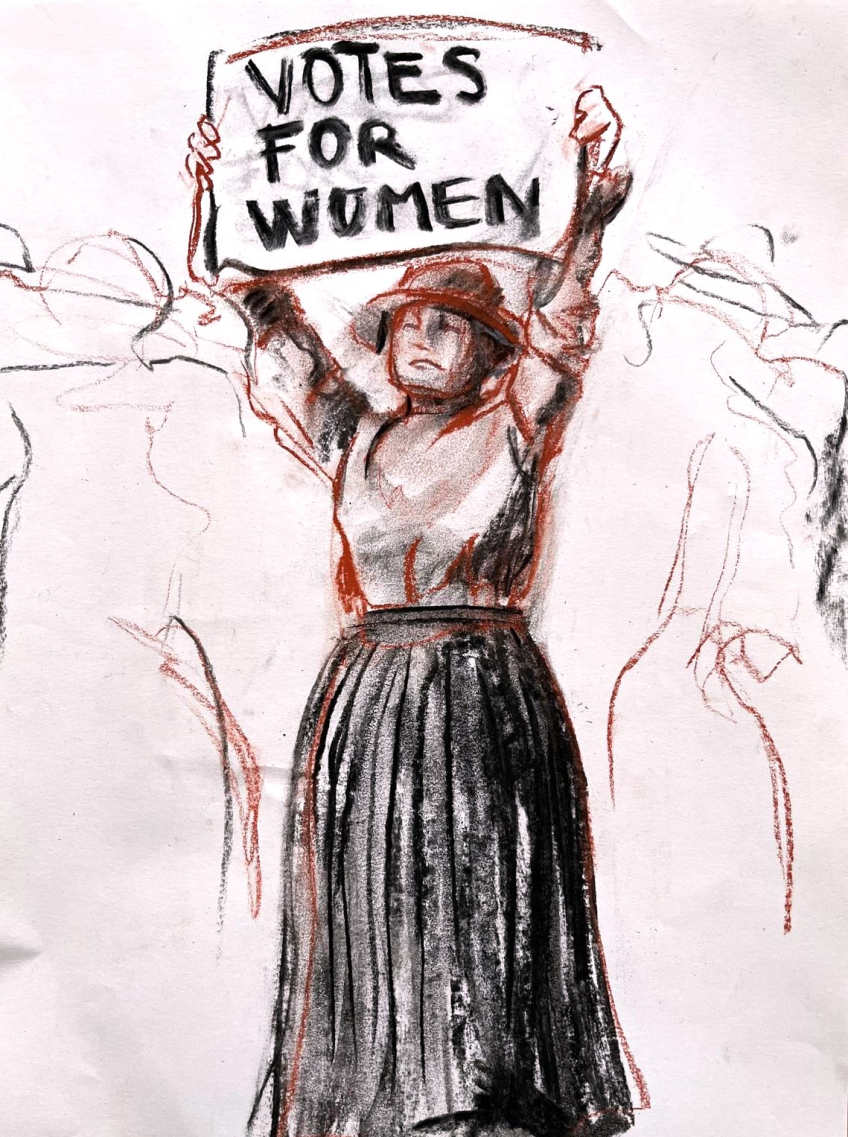Tecknad kvinna i hatt och lång kjol håller upp en skylt med texten "Votes for Women".