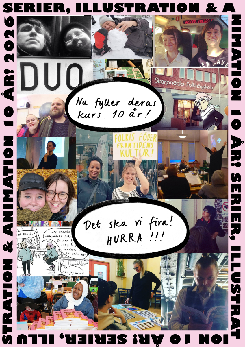 Collage med foton och teckningar som firar 10 år av kursen Serier, illustration & animation på Skarpnäcks folkhögskola.