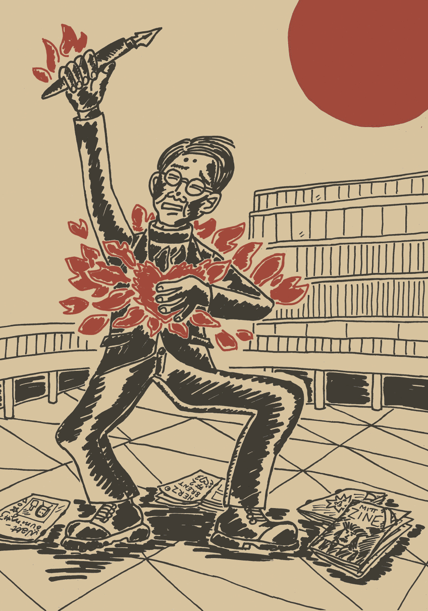 Illustration av en person med penna höjd i handen framför Kulturhuset; röda former kring kroppen och stor röd sol i bakgrunden.