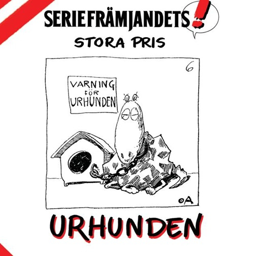 Teckning av en figur fastkedjad vid en liten hundkoja, sittande på marken, i enkel seriestil.