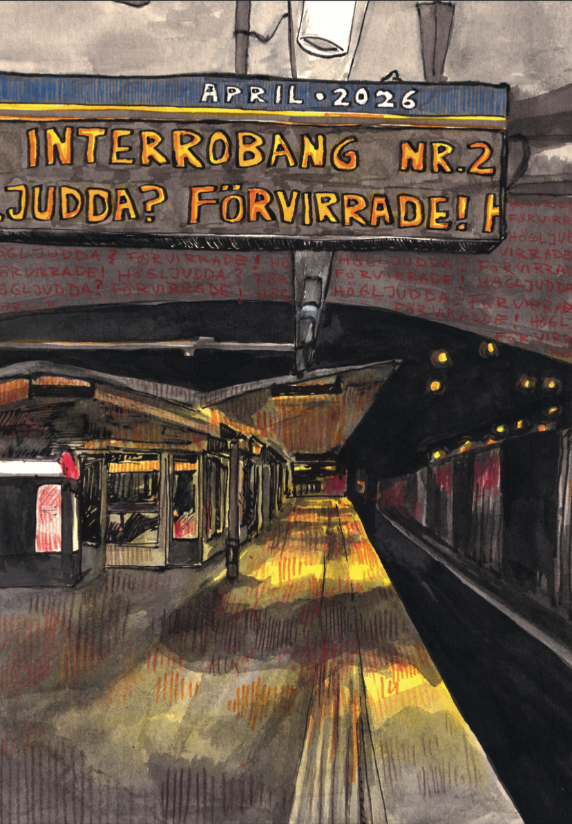 Illustration av en tunnelbaneperrong med ett tåg, ovanför en skylt med texten “Interrobang nr.2 – Judda? Förvirrade!”.