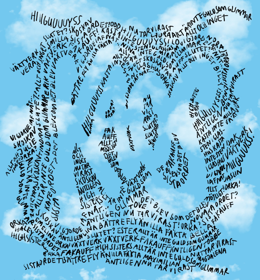 Illustration av blå himmel med moln och handskriven svart text som bildar abstrakta former i bilden.
